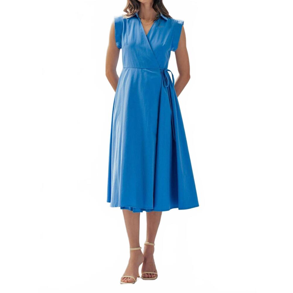 NEW URBAN DAIZY collared cap sleeve wrap midi dress in blue
